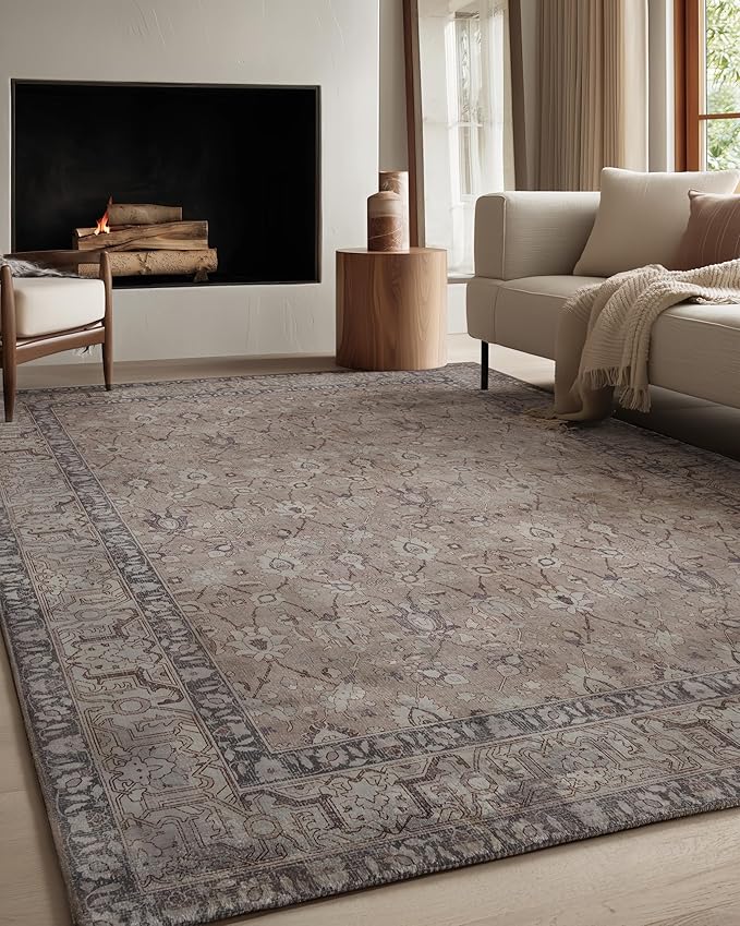 Kuden 8x10 Large Area Rug, Machine Washable Area Rug with Non-Slip Backing, Vintage Style, Soft, Easy Clean, Low Pile Rug for Living Room, Bedroom, Dining Room