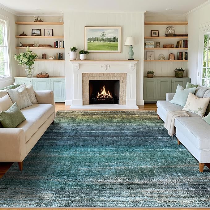 Kokia Abstract Area Rugs 9x12 Bedroom Washable Decor Low Pile Non-Slip Non-Shedding Indoor Blue Carpet Foldable Stain Resistant Floor Living Room Dining Room, Oslo Teal