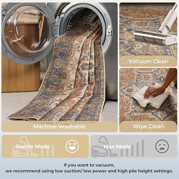 Kokia 8x10 Washable Area Rugs Terracotta with Vintage Orient Design, Soft Rug for Living Room or Bedroom, Non-Slip Low Pile Stain Resistance Features, Distressed Medallion Pattern