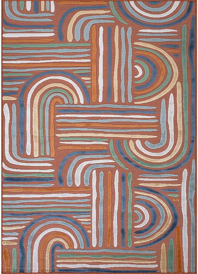 CAMILSON Indoor Outdoor Rug, Orange 9x12 Geometric Arch Striped Large Area Rugs for Patio and Home Areas, Easy-Cleaning Non-Shedding Living Room, Garden and Deck Washable Outside Carpet (9 x 12)