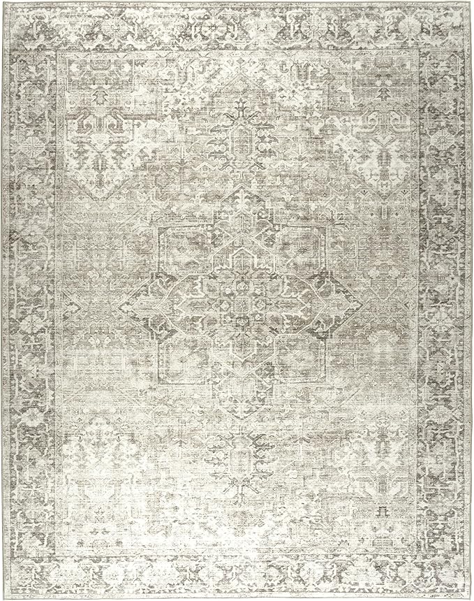 ReaLife Rugs Machine Washable Area Rug - Living Room Bedroom Bathroom Kitchen Entryway Office - Padded Low Pile Stain Resistant Premium - Boho Farmhouse Vintage - Lyle - Beige Ivory 7'6" x 9'6"