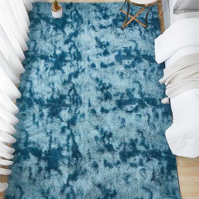 Andency 6x9 Area Rugs, Large Shag Fluffy Soft Shaggy Rugs for Living Room Bedroom, Non-Slip Tie-Dyed Navy Blue Thick Plush Carpet for Kids Girls and Boys, Dorm Nursery Home Decor Aesthetic