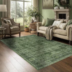 3x5 Washable Area Rug for Living Room Bedroom Dining Room Non-Slip Low Pile Boho Vintage Distressed Entryway Rug Traditional Floral Retro Accent Throw Carpet for Dining Room Bathroom Kitchen Green
