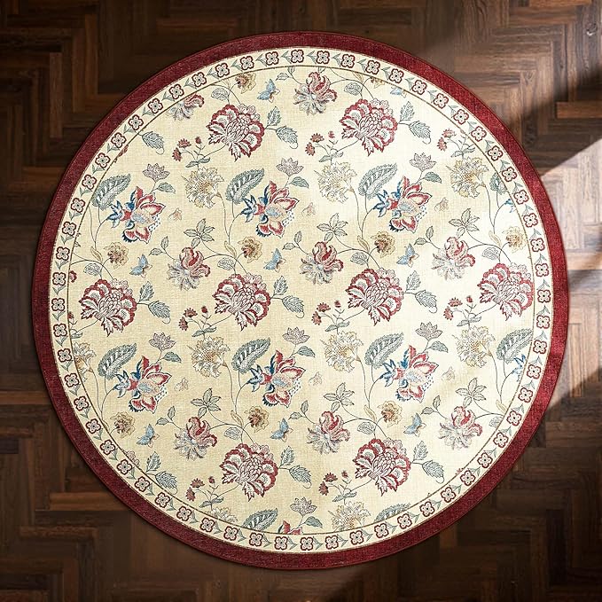 jinchan Elora 5ft Floral Round Rug for Entryway Washable Kitchen Rug Vintage Romance Design Non Slip Indoor Doormat Lightweight Low-Profile Throw Carpet for Living Room Dining Room Bedroom, Red/Beige