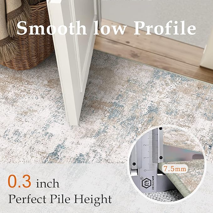 8x10 Washable Area Rug Beige Blue Abstract Living Room Bedroom Carpet Neutral Modern Non Slip Soft Low Pile Large Throw Rug for Dining Room Kitchen Office
