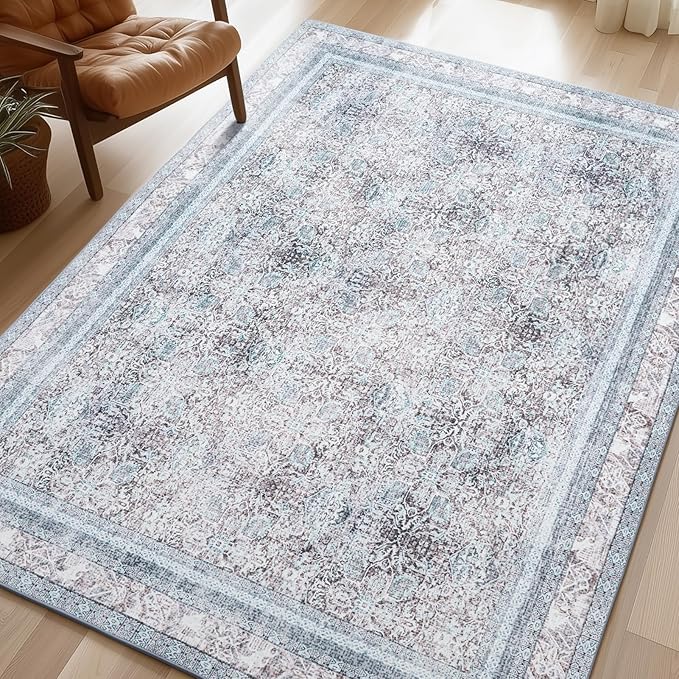 Phantoscope Washable Area Rug 5'x7' Non-Slip, Vintage Neutral Rugs for Living Room, Bedroom, Dining Room, Distressed Boho Floral Medallion Pattern, Low-Pile Foldable Floor Carpet, Blue/Grey