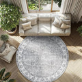 jinchan Fiora Round Rug 8ft Area Rug - Grey Vintage Floor Mat Indoor Ultra-Thin Soft Floral Print - Washable Circle 8' Retro Accent for Farmhouse Non Slip Dining Room Living Room Bedroom Office