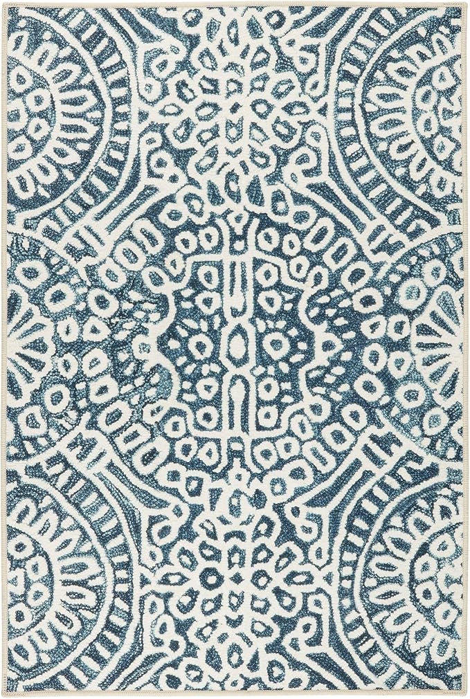 Dash and Albert Temple Ink Machine Washable Area Rug - 5' x 8' Blue - Geometric Accent Rug - Anti-Slip Backing, Lightweight, Machine Washable, High Traffic Areas Kitchen, Mudroom, Laundry Room