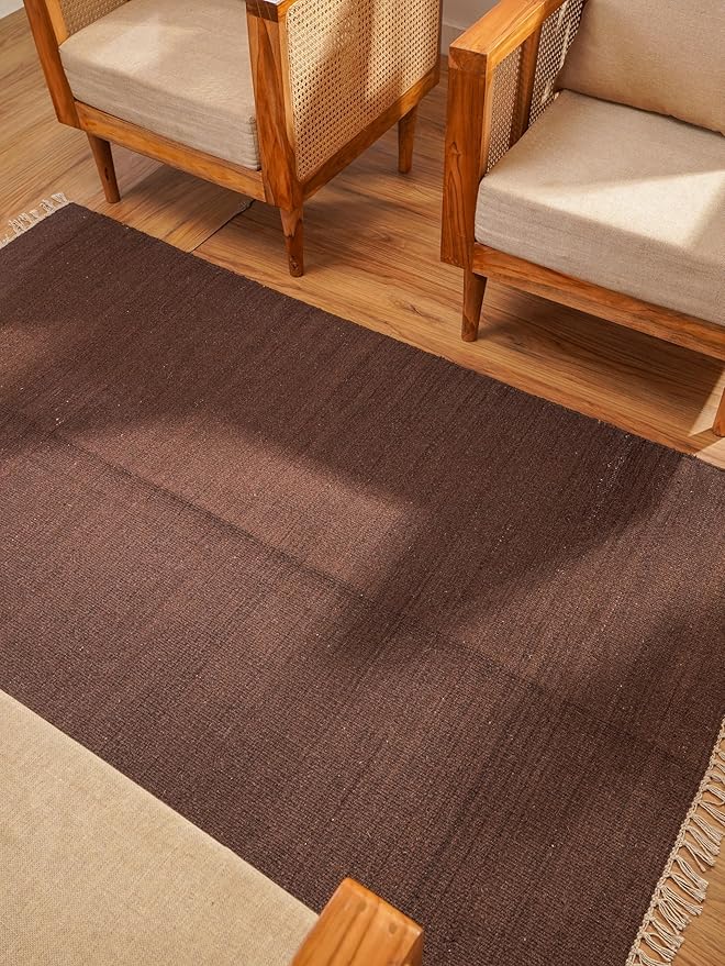 Rugsotic Carpets Hand Woven Flat Weave Kilim Wool ECO-Friendly Area Rugs - 3'x5', Rectangle Shape, Dark Brown Color, Solid Plain Design, Low Pile Handmade Rugs for Living Room, Bed Room (D00111)