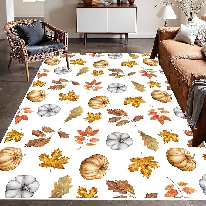Pumpkin Area Rug, 6x8ft, Fun Vibrant Autumn Harvest Fallen Leaves Pumpkin Plant White Fall Porch Rug, Sturdy Non Slip Easy-Washing Fall Decorations for Home Bedroom