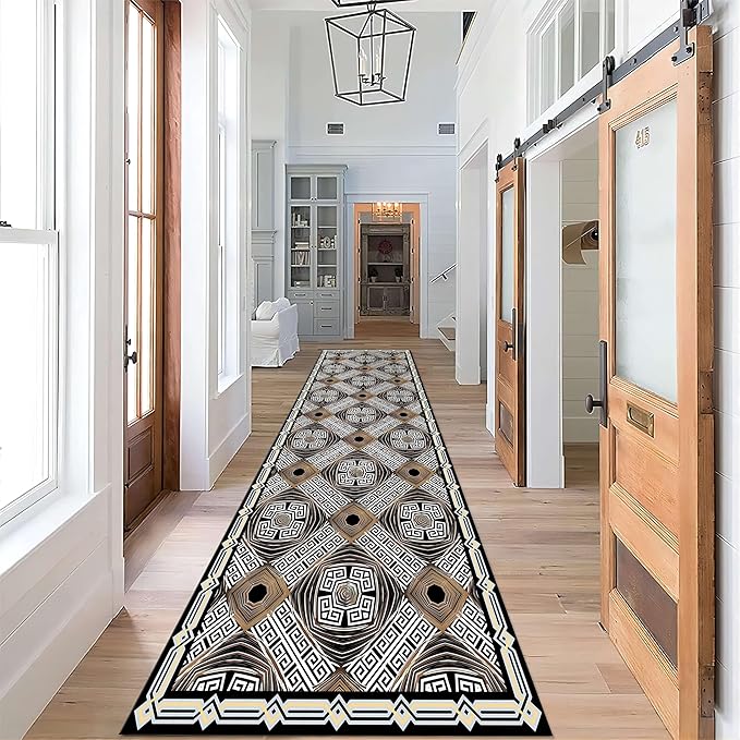 Abstract Black White Geometric Runner Rug, 2.6x7ft, Luxury Greek Key Rugs for Home Decorative, Greek Spiral Texture Home Decor Non Slip Rugs, Washable Soft Reduce Noise Mat for Bedroom