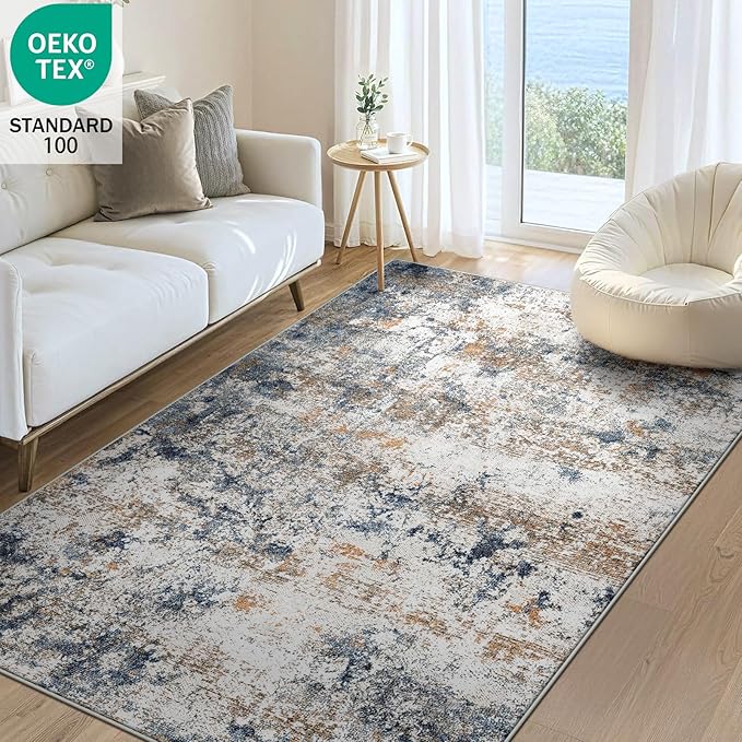 4x6 Washable Area Rug for Living Room, Multicolor Modern Vintage Abstract Rug Large Non-Slip Low Pile Soft Faux Wool Carpet, Kids and Pets Friendly for Bedroom Dining Room Farmhouse Home Decor Rug