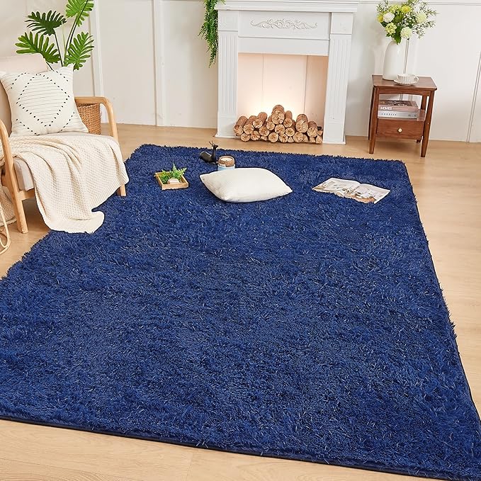 Andency Navy Area Rugs 9x12 for Living Room Home Decor, Large Shaggy Bedroom Carpet, Non-Slip Big Shag Indoor Thick Soft Fluffy Furry Fur Area Rugs for Kids Dorm Nursery Aesthetic