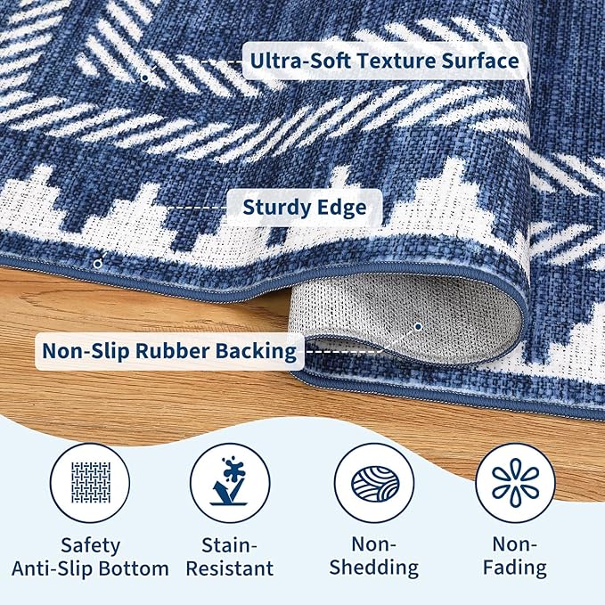 Bordered Printed 10x13 Washable Area Rugs for Living Room Modern Non Slip Foldable Soft Indoor Carpet Geometric Stain Resistant Dining Room Bedroom Large Indoor Rugs, Blue