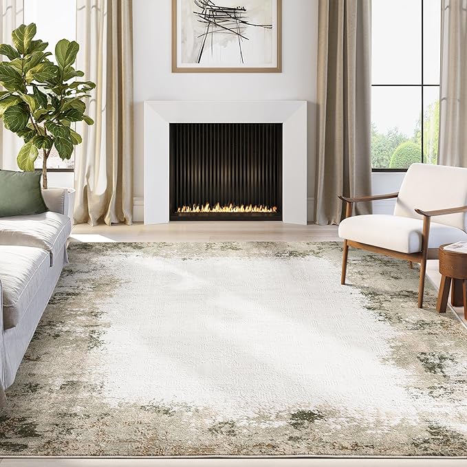 Abani Beige with Green Border Washable Area Rug – 5' x 8' – Classic Textured Design – Ivy Collection – Non-Shedding, Easy to Clean – Durable for High Traffic Areas – Living Room & Bedroom
