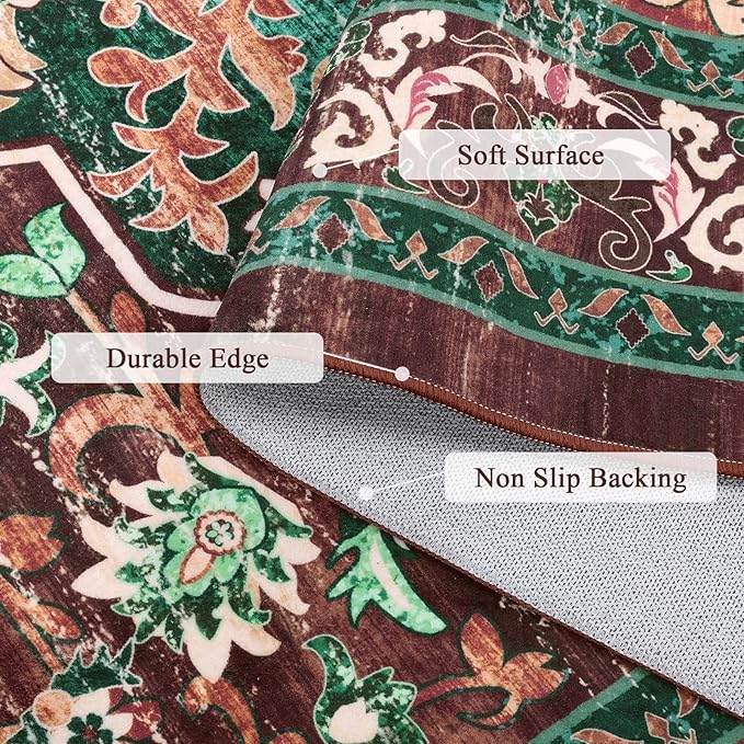 U'Artlines Boho Vintage Round Area Rug 8ft Machine Washable Low Pile Soft Floor Carpet Non Slip Non Shedding Accent Rug for Living Room Bedroom Entryway Dining Room Office Rust＆Teal