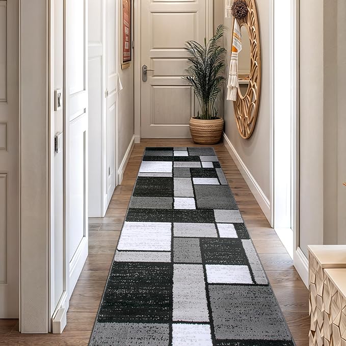 Rugshop Contemporary Modern Boxes for Hallway,Living Room,Bedroom,Kitchen Non Shedding Carpet Runner Rug 2'7" x 10' Gray