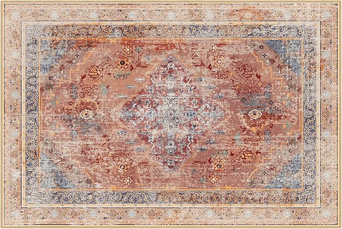 Phantoscope Washable Area Rug 6'x9' Non-Slip, Vintage Neutral Fall Rugs for Living Room, Bedroom, Dining Room, Distressed Boho Medallion Pattern, Low-Pile Foldable Floor Carpet, Rust Orange