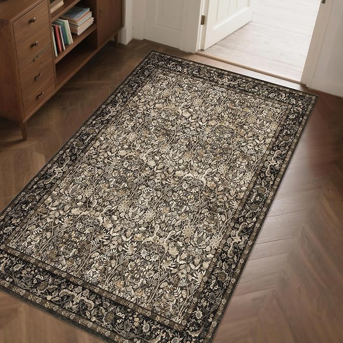 Washable Living Room Rug: 3x5 Boho Floral Soft Area Rug for Bedroom Decor - Vintage Low Pile Thin Carpet for Dining Room Non-Slip - Farmhouse Stain Resistant Rugs - Dark Brown