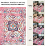 GLN Rugs Traditional Collection - Machine Washable Area Rug, Traditional Washable, Non Slip, Low Pile Chenille Rug, Living Room, Bedroom, Kitchen Rug (9' x 12' Pink/Multicolor)