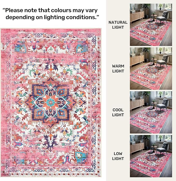 GLN Rugs Traditional Collection - Machine Washable Area Rug, Traditional Washable, Non Slip, Low Pile Chenille Rug, Living Room, Bedroom, Kitchen Rug (9' x 12' Pink/Multicolor)
