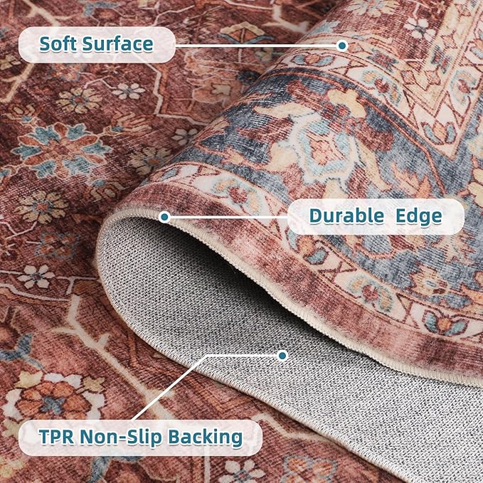 Dripex Vintage Washable Area Rug - 4x6 Distressed Rugs for Living Room Bedroom Oriental Medallion Floral Print Carpet Low-Pile Indoor Soft Non-Slip Accent Rug Farmhouse Office Home Decor