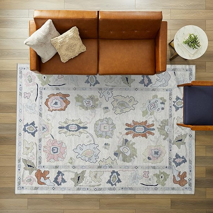 Fame Living Cream Oushak Runner Rug, Vintage Runners, Turkish, Eclectic, Floral, Pastel, Washable, Small Throw Rugs, Short Runner for Hallway, Entryway, Laundry, Bedroom, Kitchen, Bathroom, 2'5"x6'5"