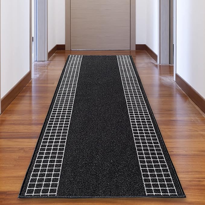 Custom Made Runner Rug for Kitchen Foyer Hallway Entry Choose Your Length 31 Inch Wide Geometric Checkered Design Black Color (19 feet x 31 Inch)