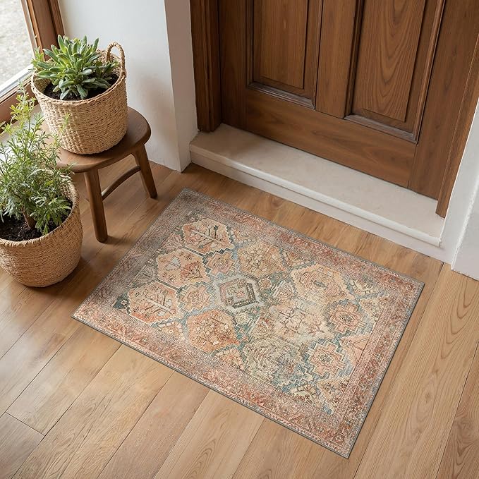 Bavni 2x3 Entryway Rug Bathroom Rugs for Front Door Bedroom Bathroom Kitchen, Washable Vintage Print Carpet, Ultra-Thin Chenille Lightweight Rug with Non Slip Backing, Clay