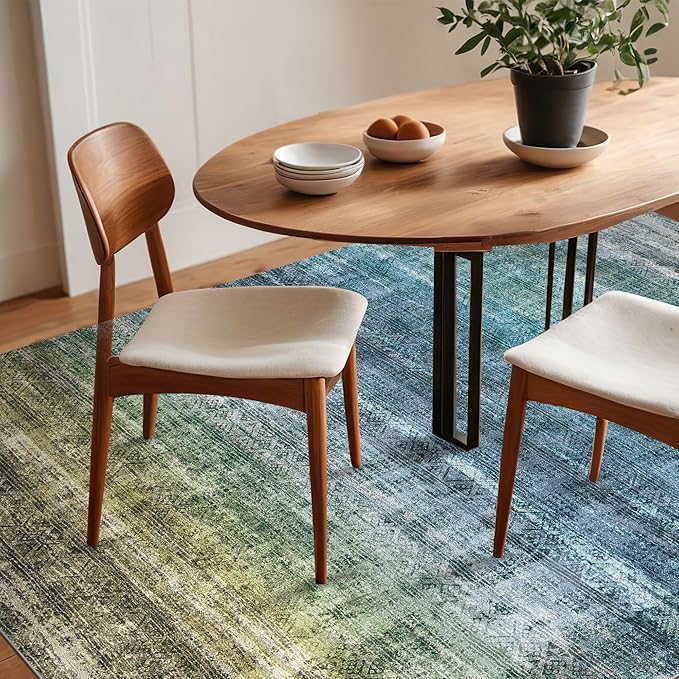 Kokia Abstract Area Rugs 6x9 Boho Washable Distressed Retro Indoor Floor Rug Multicolor Low Pile Non-Slip Non-Shedding Blue Carpet Bedroom Living Room Dining Room, Oslo Teal