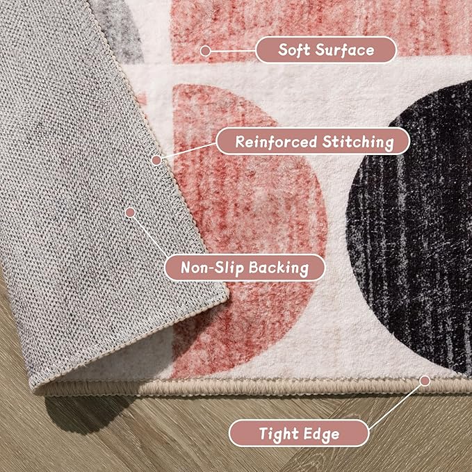 MUJOO Pink Washable Rugs 8x10,Boho Area Rugs for Living Room Bedroom,Large Throw Floor Carpet Non Slip Soft Modern Abstract Pink and Grey