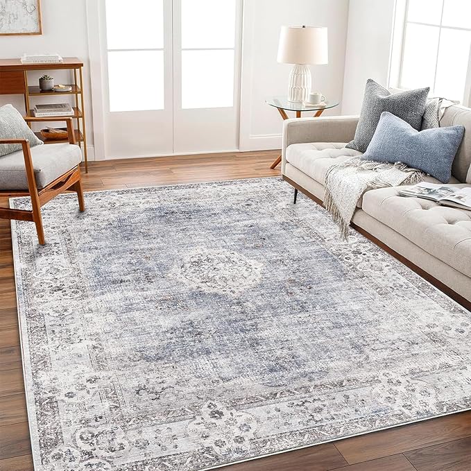 Washable Area Rug 4'x6' Vintage Traditional Floor Cover Foldable Thin Rugs Retro Kitchen Indoor Distressed Non Slip Carpet Floral Print Mat Bedroom Living Room