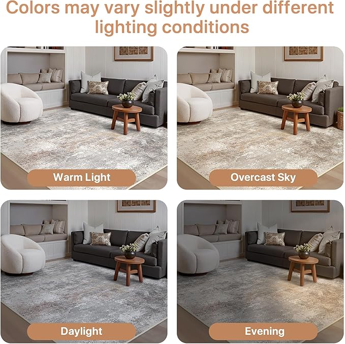 GENIMO Washable 6x9 Area Rugs for Living Room, Non Slip Modern Abstract Rug, Machine Washable Stain Resistant Low Pile Soft Carpet for Bedroom, Dining, Office, Light Grey Brown