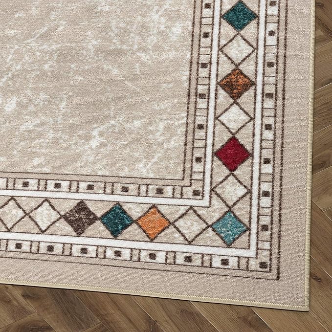 Antep Rugs Alfombras Modern Bordered 4x6 Non-Skid (Non-Slip) Low Profile Pile Rubber Backing Indoor Area Rugs (Beige, 4' x 5'8")