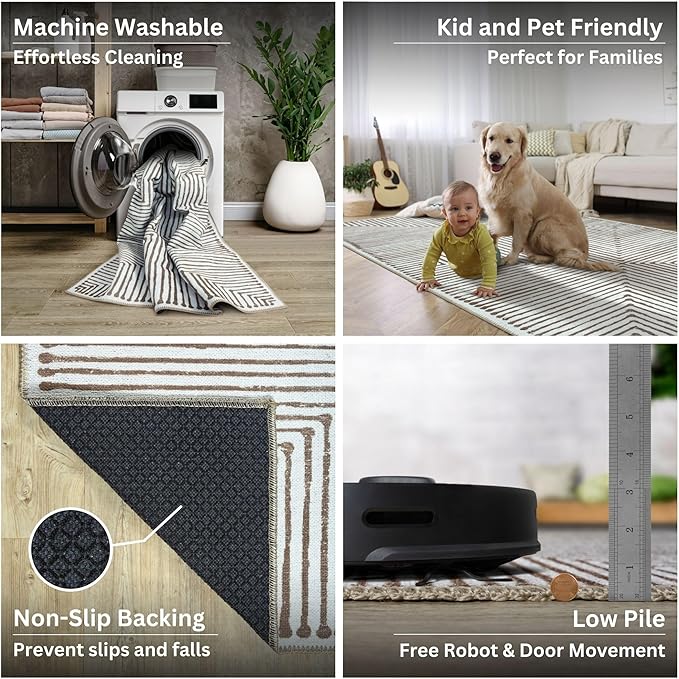 Bloom Rugs Washable Non-Slip 10 ft Runner - Brown Striped Runner for Entryway, Hallway, Bathroom, and Kitchen - Exact Size: 2.5' x 10'
