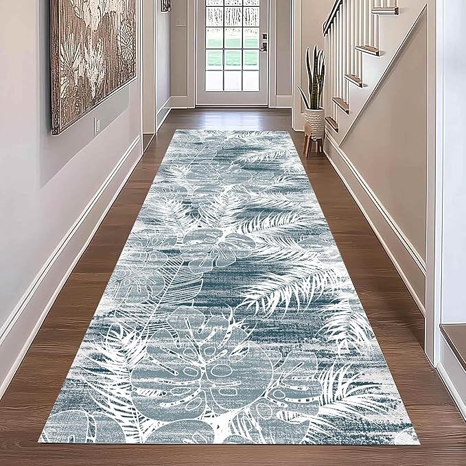 Blue White Tropical Runner Rug 2.6x10ft - Indoor Outdoor Non-Shedding Washable Carpet, Soft Durable Floor Mat for Patio, Hallway, Kitchen, Living Room