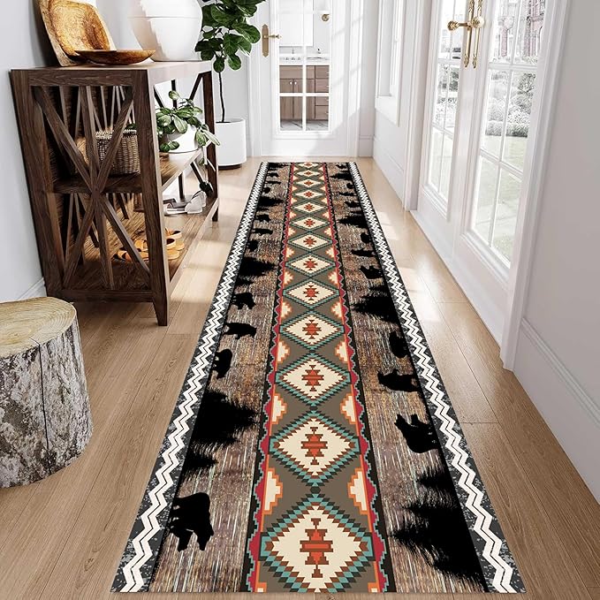Southwestern Runner Rug, 4x10ft, Rustic Lodge Aztec Country Bear Decorative Runner Rug, Vintage Forest Birch Wild Animal Print Entrance Hallway Rug, Soft Non-Slip Carpet for Living Room Bedroom