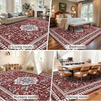 Luxury 8' x 10' Red Washable Area Rugs, Boho Low Pile Easy Clean Non-Slip Rug, Floral Medallion Pattern Vintage Rugs for Living Room, Dinning Room, Office, Bedroom, Bathroom, Laundry Room, Farmhouse