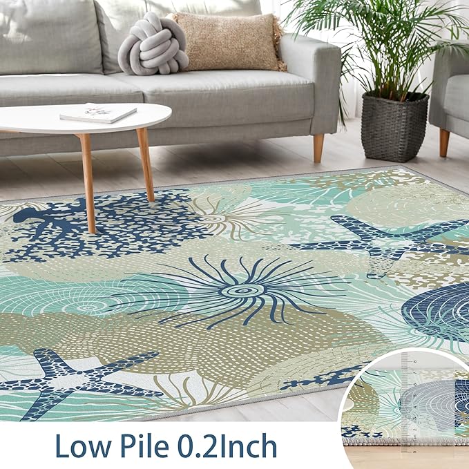 Tritard Coastal Area Rugs Nautical Beach Themed Non-Slip Machine Washable Rugs Modern Floor Carpet for Living Room Bedroom, 4x6, Navy