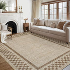 GarveeHome Washable Area Rugs 10x13 Non Slip Soft Large Living Room Rug Modern Checkered Bedroom Rug Soft Geometric Bordered Throw Carpet for Dining Room Home Decor Office Nursery, Taupe