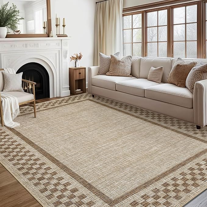 GarveeHome Washable Area Rugs 10x13 Non Slip Soft Large Living Room Rug Modern Checkered Bedroom Rug Soft Geometric Bordered Throw Carpet for Dining Room Home Decor Office Nursery, Taupe