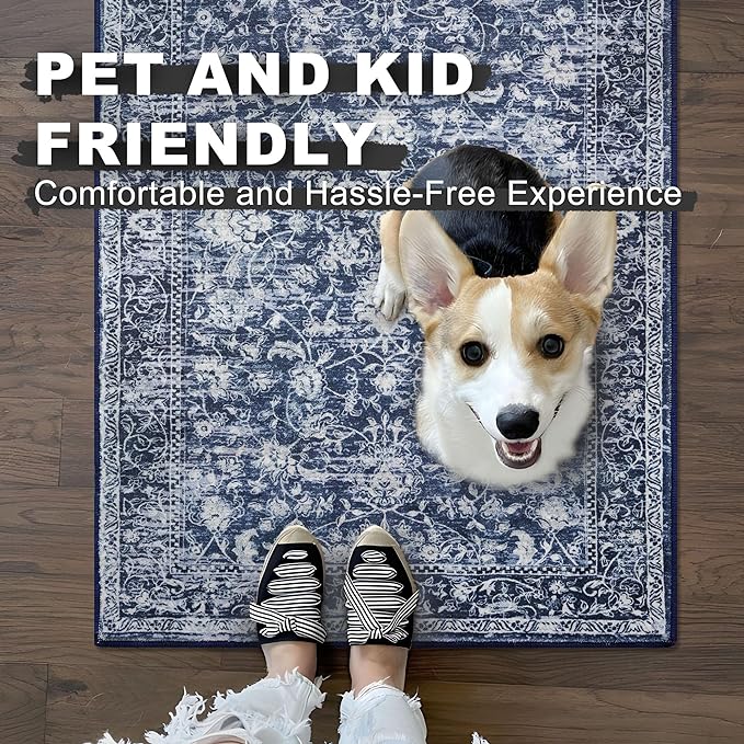 KILOCOCO Area Rug 4x6 Entryway Rug Washable Printed Vintage Floral Rubber Backed Non Slip Indoor Kitchen Rugs for Laundry Room Playroom Bedroom Living Room Moroccan Area Rugs, Navy Blue