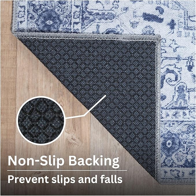 Bloom Rugs Washable Non-Slip 12 ft Runner - Gray/Blue Traditional Medallion Runner for Entryway, Hallway, Bathroom, and Kitchen - Exact Size: 2.5' x 12'