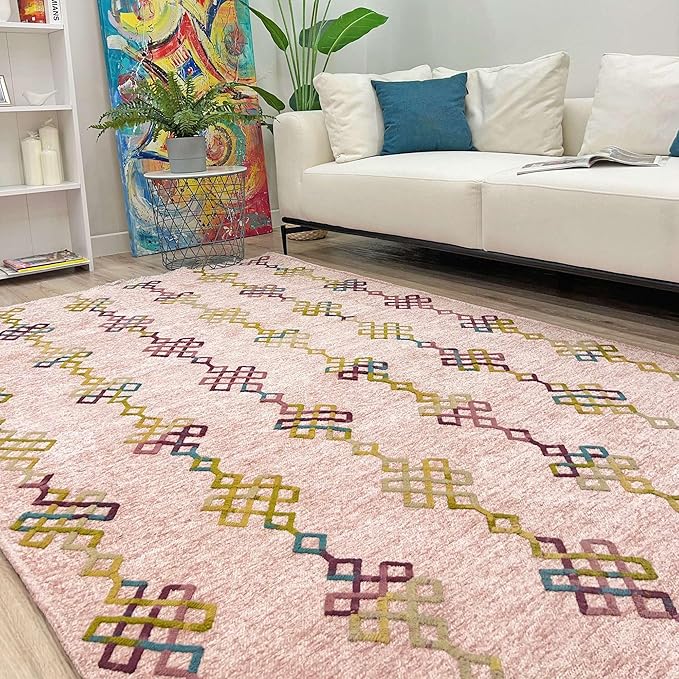 Alfa Rich 4x6 Light Pink Washable Area Rugs for Living Room Bedroom Kitchen Girls Decor Cotton Rug