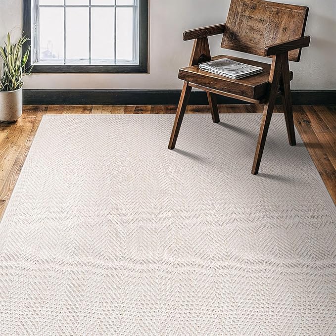 CAMILSON Easy Jute Rug 8x10, Indoor Outdoor Off-White Color Fiber Area Rugs for Living Room and Patio Rug Herringbone Seagrass Boho Woven Design Easy-Cleaning Washable Outside Carpet Alfombras 8 x 10