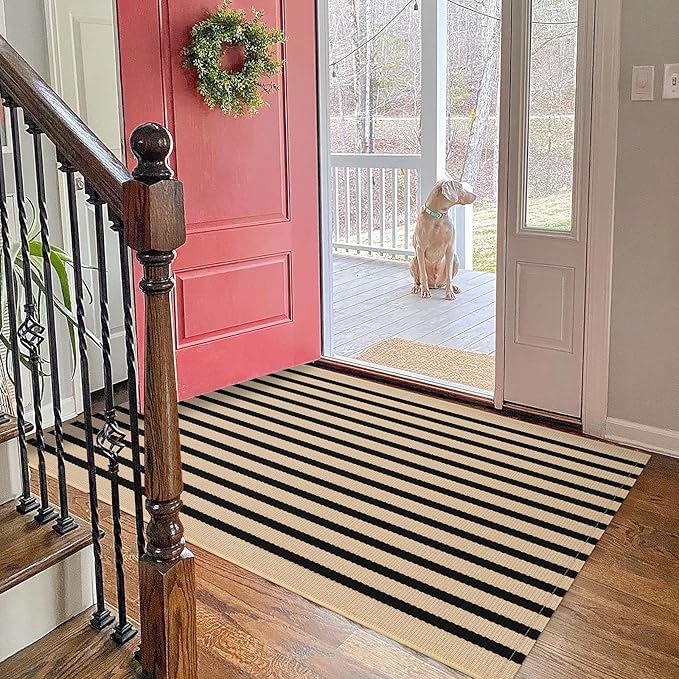 KOZYFLY 3'x5' Cotton Area Rug, Brown and Black Striped Outdoor Rug, Hand-Woven, Machine Washable, Perfect for Front Door, Kitchen, Living Room