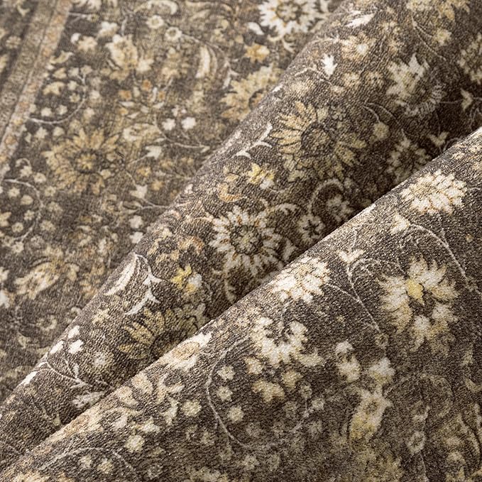 HUGEAR 2x3 Small Rug Machine Washable Area Rug Brown Entryway Rugs Entrance Door Mat Indoor Accent Rugs Floral Low Pile Carpet Distressed Throw Rug Kitchen Bedroom Office Non Slip