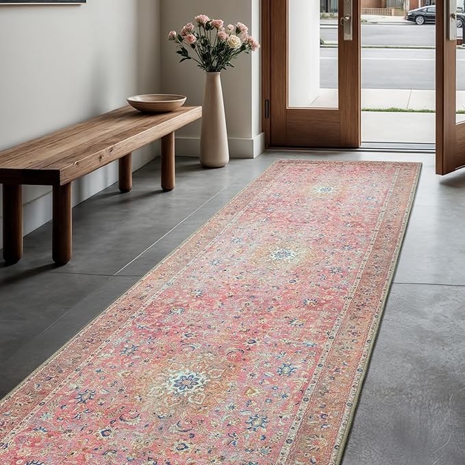 GLN Rugs Traditional Collection - Machine Washable Area Rug, Traditional Washable, Non Slip, Low Pile Chenille Rug, Living Room, Bedroom, Kitchen Rug (2'6" x 10' Pink/Cream)