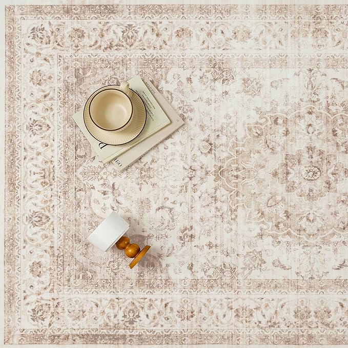 3x5 Beige Washable Vintage Area Rug for Living Room Bedroom Soft Tranditional Non Slip Throw Rug Lightweight Floral Low Pile Distressed Carpet Entrance Laundry Room Office