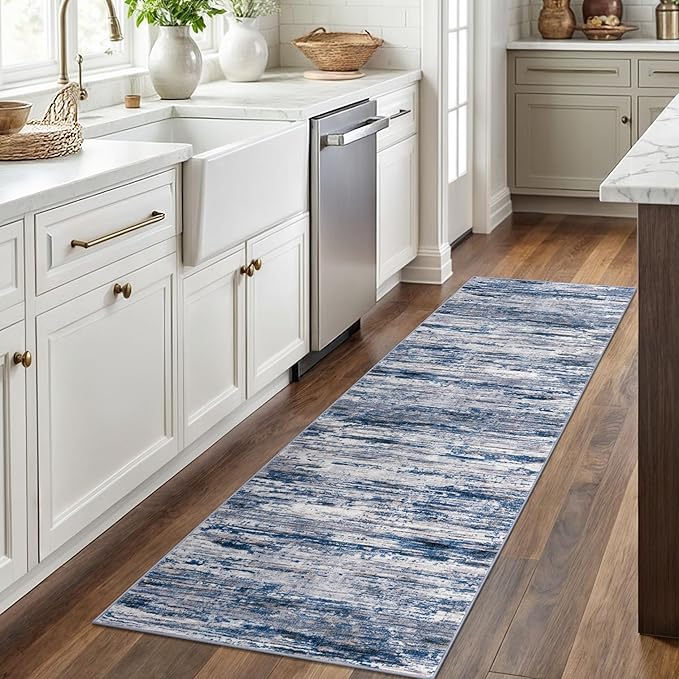 2x6 Modern Abstract Runner Rug for Hallways, Navy Blue Gray Neutral Multi Super Soft Hallway Decor Kitchen Rugs with Non-Slip, Non-Shedding Washable Rug for Entryway Bedroom Indoor